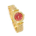 Elegant gold women's watch with red dial, rhinestone accents and Roman numerals - Gold Watch with Red Dial