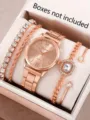 Elegante roségoldene Quarzuhr und luxuriöses Kristallarmband-Schmuckset für Damen - Roségold Römisch Set (JQ330) / 5-teiliges Set
