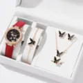 Elegantes Geschenkset mit Schmetterlingsuhr und Schmuck, versehen mit rotem Lederarmband. - Rot Set (Ohne Box)
