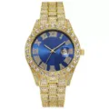 Luxuriöse vergoldete Herren-Quarzuhr mit diamantbesetzter Lünette und blauem Zifferblatt. - Goldenes Armband Blaues Zifferblatt