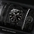 Stilvolle schwarze Herren-Quarzuhr und 4-teiliges Armband-Set mit Lebensbaum-Anhänger - 5-teiliges Set (Stil 1) / Schwarz
