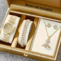 Luxury gold-tone women's jewelry set featuring diamond watch, bracelet and necklace set - Gold Numeric Dial Watch Double Bracelets and Accessories Set