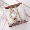 Elegant gold-tone ladies watch and rhinestone bracelet set in a pink gift box - Rose Gold Full Rhinestone Quartz Watch + Bracelet + Black Box Set