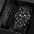 Nahaufnahme von Genfer Herrenuhr in Schwarz mit geflochtenem Armband in Geschenkbox - 2-teiliges Set (Stil 2) / Schwarz