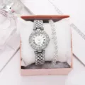 Elegant silver women's quartz watch and heart bracelet gift set in a pink jewelry box - Silver Full Rhinestone Quartz Watch + Bracelet + Black Box Set