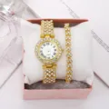Close-up of elegant gold rhinestone quartz watch and butterfly bracelet gift set - Gold Full Rhinestone Quartz Watch + Bracelet + Black Box Set