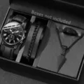 Detailansicht des komplett schwarzen Genfer Quarzuhrensets für Herren mit Schmuck - 4-teiliges Set (Stil 1) / Schwarz