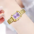 Elegante goldene rechteckige Damenuhr mit lila Zifferblatt und Stahlband - Goldenes Band Violettes Zifferblatt (Mit Logo)