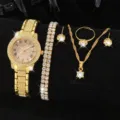 Luxus Damen Goldschmuckset mit Strass-Uhr und passenden funkelnden Accessoires - Römisches Zifferblatt Mit Doppelarmband-Schmuckset / 5-teiliges Set / Gold