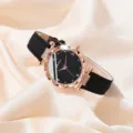 Elegante Sternenhimmel-Uhr mit Roségold-Diamantlünette und schwarzem Lederarmband. - Nur schwarze Uhr