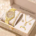 Luxuriöses goldenes Kristall-Damenuhrenset inklusive Armband, Halskette, Ring und Ohrringen - Uhr mit römischem Zifferblatt und Diamantarmband Kollektion / Gold