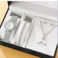 Elegantes Damenuhren- und Schmuckset mit silbernem Stahlband und vollem Diamantbesatz - Stil 1 Uhr Schmuck Kollektion / Silber