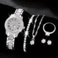 Elegantes silbernes Quarzuhren-Set für Damen mit Strass Halskette Armband Ring Ohrringe - Stil 2 Römische Ziffern Uhr Kollektion / Silber