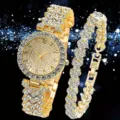 Luxury gold rhinestone quartz watch and heart link bracelet jewelry set for women - Gold Numeric Dial Watch and Bracelet Set