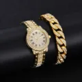 Luxuriöses Set aus goldener Strassuhr und passendem Armband mit römischen Ziffern - Römisches Zifferblatt Mit Panzerkette / Gold