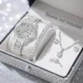 Luxuriöses silbernes Damen Uhren- und Schmuckset mit funkelnder Strass-Halskette - Römisches Zifferblatt Strass-Armband-Zubehör-Set / 5-teiliges Set / Silber