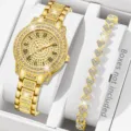 Elegantes Damen-Quarzuhr- und Herzarmband-Set in Gold mit vollständigem Kristallbesatz - Römisches Zifferblatt + Herzarmband / Zweiteiliges Set / Gold