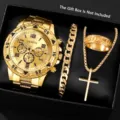Premium Gold Genf Herren Quarzuhren Set mit passendem Armband Ring und Kreuz Halskette - Goldenes Gehäuse Zifferblatt Zubehör Set
