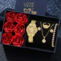 Elegantes goldenes Strass-Uhr- und Schmuck-Geschenkset mit roten Rosen in einer Box - Römisches Zifferblatt + Herzarmband + Zubehör + Box / 6-Teiliges Set / Gold