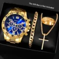 Luxuriöses goldenes Herrenuhr-Set mit blauem Zifferblatt, Armband, Ring und Kreuzkette - Goldenes Gehäuse Blaues Zifferblatt Zubehör Set