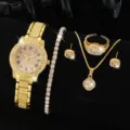 Luxuriöses goldenes Damenuhr-Set mit funkelnden Strasssteinen und passendem Schmuckset - Römisches Zifferblatt + Armband + Zubehör / 5-teiliges Set / Gold