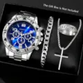 Luxus Geneva Silber Quarz-Herrenuhr und Silberschmuck-Set mit blauem Zifferblatt und Stahlband - Silbernes Gehäuse Blaues Zifferblatt Zubehör Set