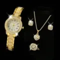 Luxuriöses, vereistes Gold-Uhren- und Schmuckset für Damen mit römischem Zifferblatt - Römisches Zifferblatt + Zubehör / 4-teiliges Set / Gold