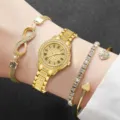 Elegantes Damen-Uhrenset in Gold mit vollbesetztem Zifferblatt und passenden Armbändern - Römisches Zifferblatt + 3-teiliges Armband-Set / 4-teiliges Set / Gold