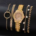 Luxuriöses Damen-Gold-Quarzuhr-Set mit Strasssteinen und vier passenden Armbändern - Römisches Zifferblatt + 4-teiliges Armband-Set / 5-teiliges Set / Gold