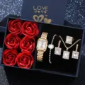 Elegantes Damen-Golduhren- und Kristallschmuck-Geschenkset mit roten Rosen in schwarzer Box. - Gold Weiß Zifferblatt + Schmuckset + Box