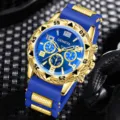 Elegante Geneva Herrenquarzuhr mit blauem Zifferblatt und goldfarbenem Silikonband - Silikonarmband Goldenes Gehäuse Blaues Zifferblatt