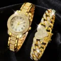 Luxuriöse goldfarbene Damen-Quarzuhr und funkelndes herzförmiges Armband-Schmuckset - Römisches Zifferblatt + Herz-Panzerarmband / Zweiteiliges Set / Gold