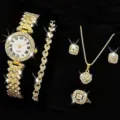 Elegant 6-piece women's gold quartz watch and crystal heart jewelry set for gift - Gold Full Rhinestone Watch + Bracelet + Artificial Pearl Accessory 6-Piece Set