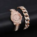 Roségoldfarbene, eisgekühlte Damenuhr und passendes kubanisches Gliederarmband mit Strass - Römisches Zifferblatt mit Panzerketten-Set / Zweiteiliges Set / Roségold