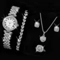 Elegant silver women's quartz watch and rhinestone jewelry set with sparkling detail - Silver Full Rhinestone Watch + Bracelet + Artificial Pearl Accessory 6-Piece Set