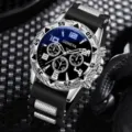 Geneva Herren Quarzuhr mit Blaulicht-Glas Zifferblatt und Silikon-Metall-Armband - Silikonarmband Silbernes Gehäuse Schwarzes Zifferblatt