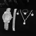 Glitzerndes silbernes Damen Uhren Schmuckset mit Halskette Ring und Ohrringen - Römisches Zifferblatt Doppelarmband Schmuckset / 5-teiliges Set / Silber
