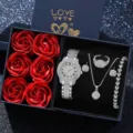 Elegantes silbernes Damen-Quarzuhren-Geschenkset mit Schmuck und roten Rosen, voll besetzt - Römisches Zifferblatt Rosen-Geschenkbox-Schmuckset / 5-teiliges Set (mit Geschenkbox) / Silber