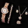 Elegant rose gold women's quartz watch and crystal jewelry set with necklace and ring - Rose Gold Full Rhinestone Watch + Bracelet + Artificial Pearl Accessory 6-Piece Set