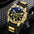 Geneva Luxus-Herrenquarzuhr in Gold mit schwarzem Silikonarmband und Drei-Augen-Zifferblatt - Silikonarmband Goldenes Gehäuse Schwarzes Zifferblatt