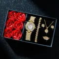 Luxury women gold rhinestone watch and jewelry gift set with red roses in gift box - Watch + Diamond Bracelet + Accessories Full Gift Box Set / Gold