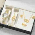 Elegant 6pcs gold-tone women's jewelry set with rhinestone watch and heart charms - Watch + Double Heart Bracelet + Necklace Ring Earrings 6-Piece Set / Gold