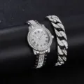 Elegantes Iced-Out silberne Damen Quarzuhr und Strass-Armband Set im kubanischen Stil - Römisches Zifferblatt Mit Panzerkette / Silber