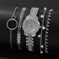Luxuriöses silberfarbenes Damenuhren-Set mit vier passenden Strass- und Perlenarmbändern. - Römische Zifferblatt mit Armband Schmuckset / 5-teiliges Set / Silber