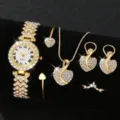 Elegant golden women's watch and heart jewelry set with sparkling rhinestones - Rhinestone Bracelet + Rhinestone Necklace Earrings Ring / Gold
