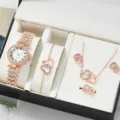 Elegant 6-piece rose gold tone women's quartz watch and heart jewelry gift set in a luxury box - Double Heart Bracelet + Accessories (No Box) / Rose Gold
