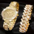 Luxuriöses goldfarbenes Damen-Quarzuhr-Set mit passendem Iced Out Cuban Gliederarmband - Zifferblatt mit Zahlen und Panzerkette / Gold