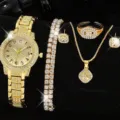 Elegantes Damen-Uhrenset in Gold mit Strasssteinen, fünfteiliges Schmuckset für Business-Freizeit - Zifferblatt mit Zahlen und Doppelarmband-Schmuckset / 5-teiliges Set / Gold