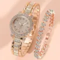 Elegantes Damenuhren- und Herzarmband-Set in Roségold mit Kristallbesatz - Zifferblatt mit Zahlen und Herz-Armband / Roségold