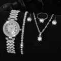 Elegante silberne Strass-Quarzuhr kombiniert mit einem passenden fünfteiligen Schmuckset - Silbernes Schmuckset 6-teilig